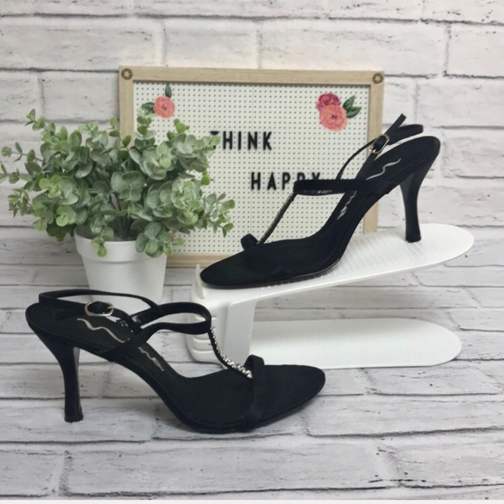 Satin Ankle/T-Strap Black Heels with Rhinestones